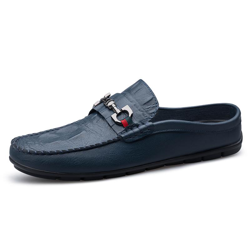 Crocodile Pattern Men's Slippers Genuine Leather Muller Shoes Outdoor Man Loafers Non-slip Casual Half Shoes Fashion Lazy Flats