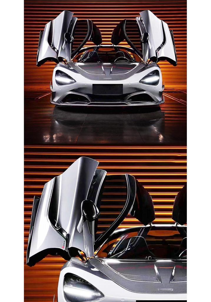 Compatible with McLaren 720S: BS Black Sail Carbon Fiber Front/Rear Lips, Side Skirts, Rear Wing, Fender, and Door Trim Strips.