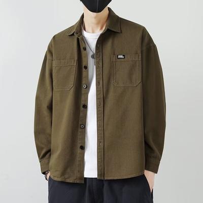 Camisa de manga comprida de algodão primavera e verão, tendência solta masculina, jaqueta americana com lapela, bolsos, camisa, agasalhos, tops