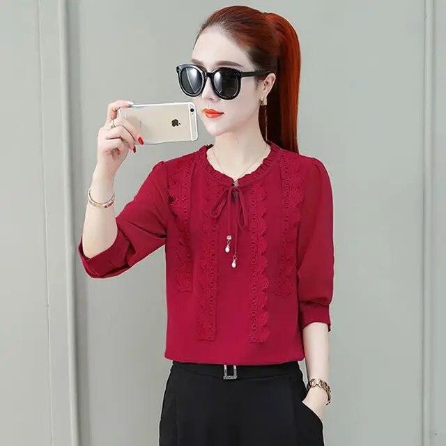 

Весна Осень Новая Свободная Шифоновая Рубашка Корейский Топ с Длинным Рукавом Женская Блузка с Кружевным Воланом на Воротнике M-4XL M чистый