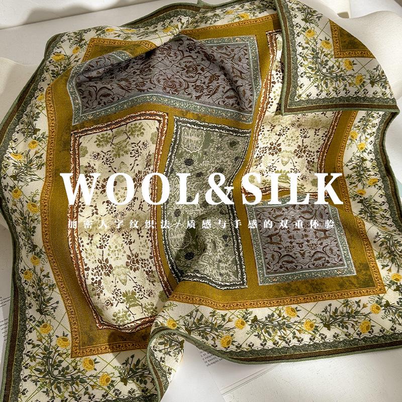 Premium silk wool square scarf women's retro versatile small silk scarf spring autumn and winter decoration neck protection warm scarf shawl