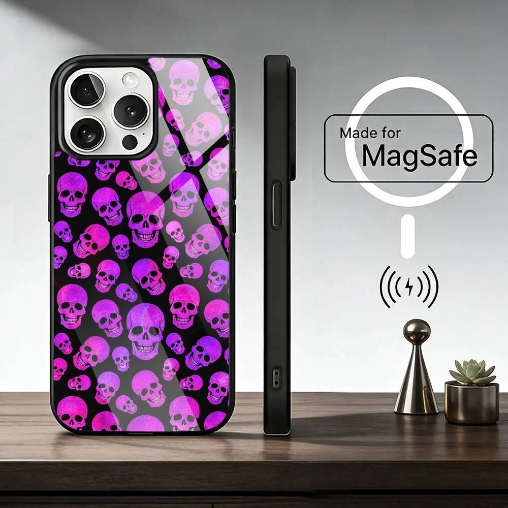 Skull Phone Case For iPhone17,16,15,14,13,12,11 Plus,Pro Magnetic with Magsafe Wireless Charging