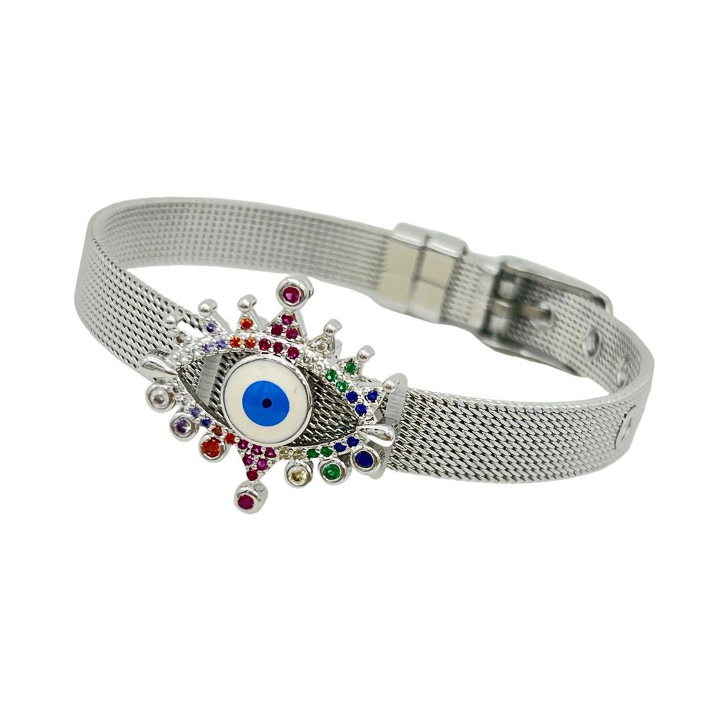 Stainless Steel Watch Band with Devil's Eye Zircon Bracelet - Stylish European and American Fashion Jewelry