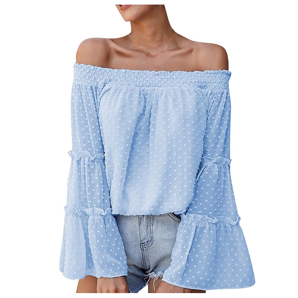 Fashion Flared Long-sleeved Chiffon Off-the-shoulder Neckline Hollow Loose Top