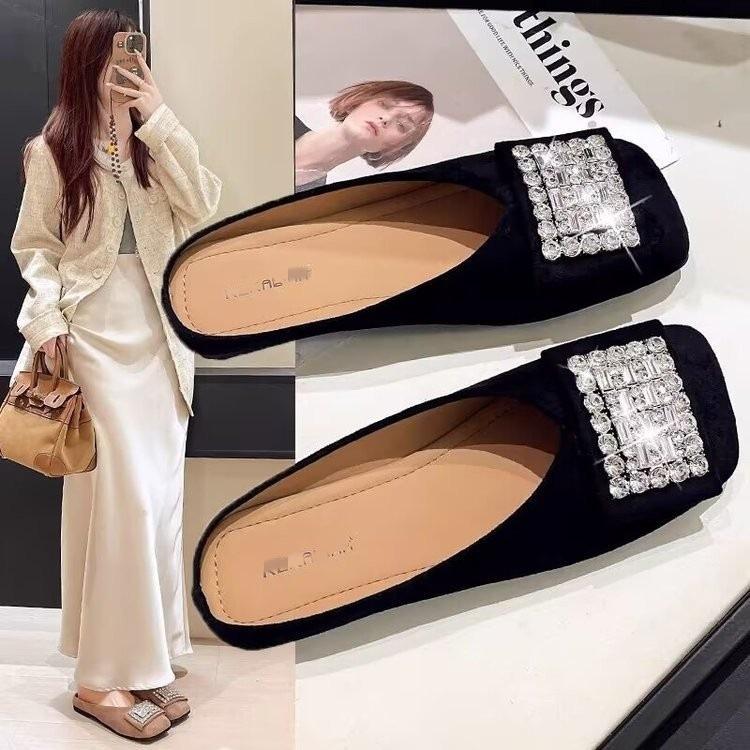 Spring and summer bag head half slippers wear new non-slip rhinestone square head flat sole shoes
