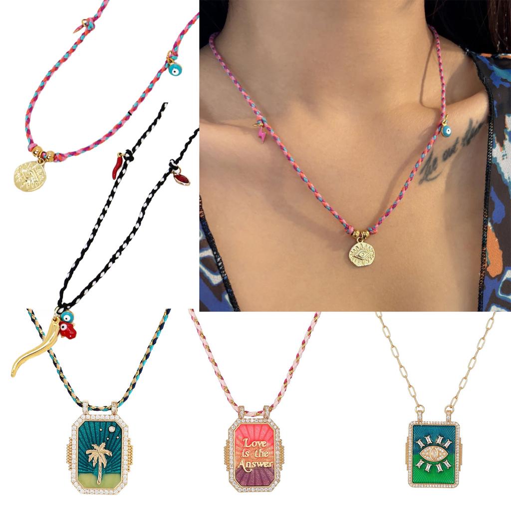 Stilvolle Baumwollseil-Halskette Künstlerische Baumwollseil-Choker-Halskette mit Pfeffer-Böses-Auge-Anhänger für Damen