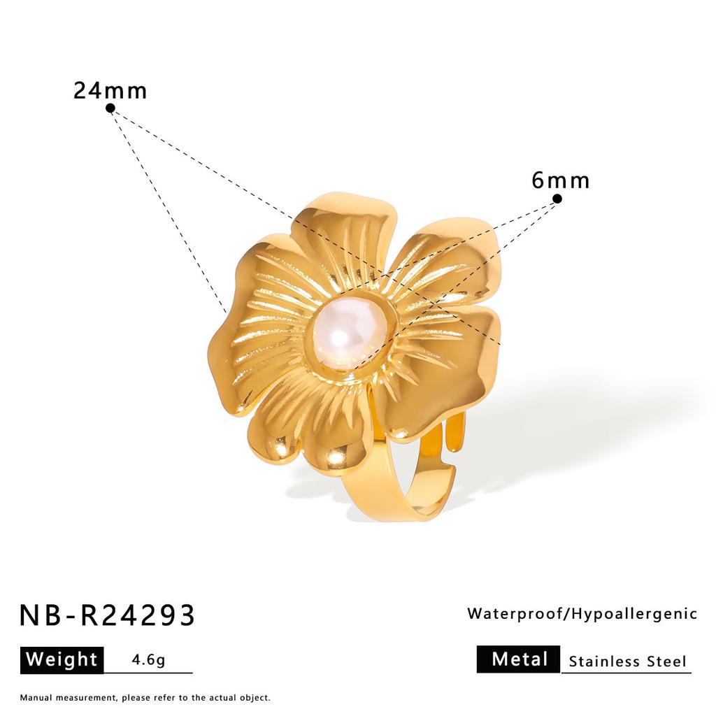 18K Gold Plated Stainless Steel Flower Pearl Ring, Custom Vintage Statement Ring for Cocktail Party Birthday Gift