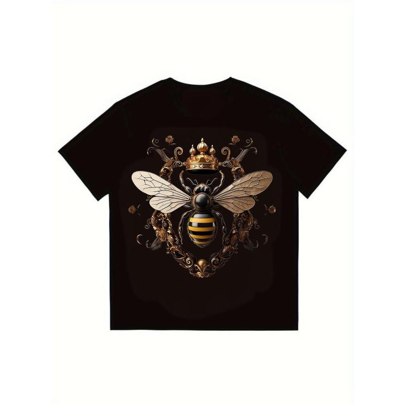 Herren Schwarzes T-Shirt Biene mit Krone und verschnörkeltem Design Grafikdruck Lässig Streetwear Mode Top