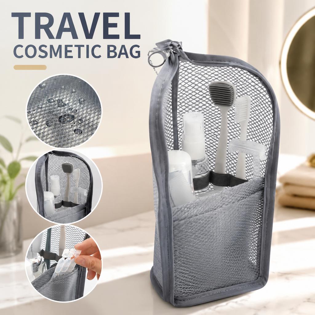 Standing Mesh Toiletry Bag, Portable Cosmetic Organizer for Travel, Waterproof Makeup Storage Pouch, Washable Travel Case