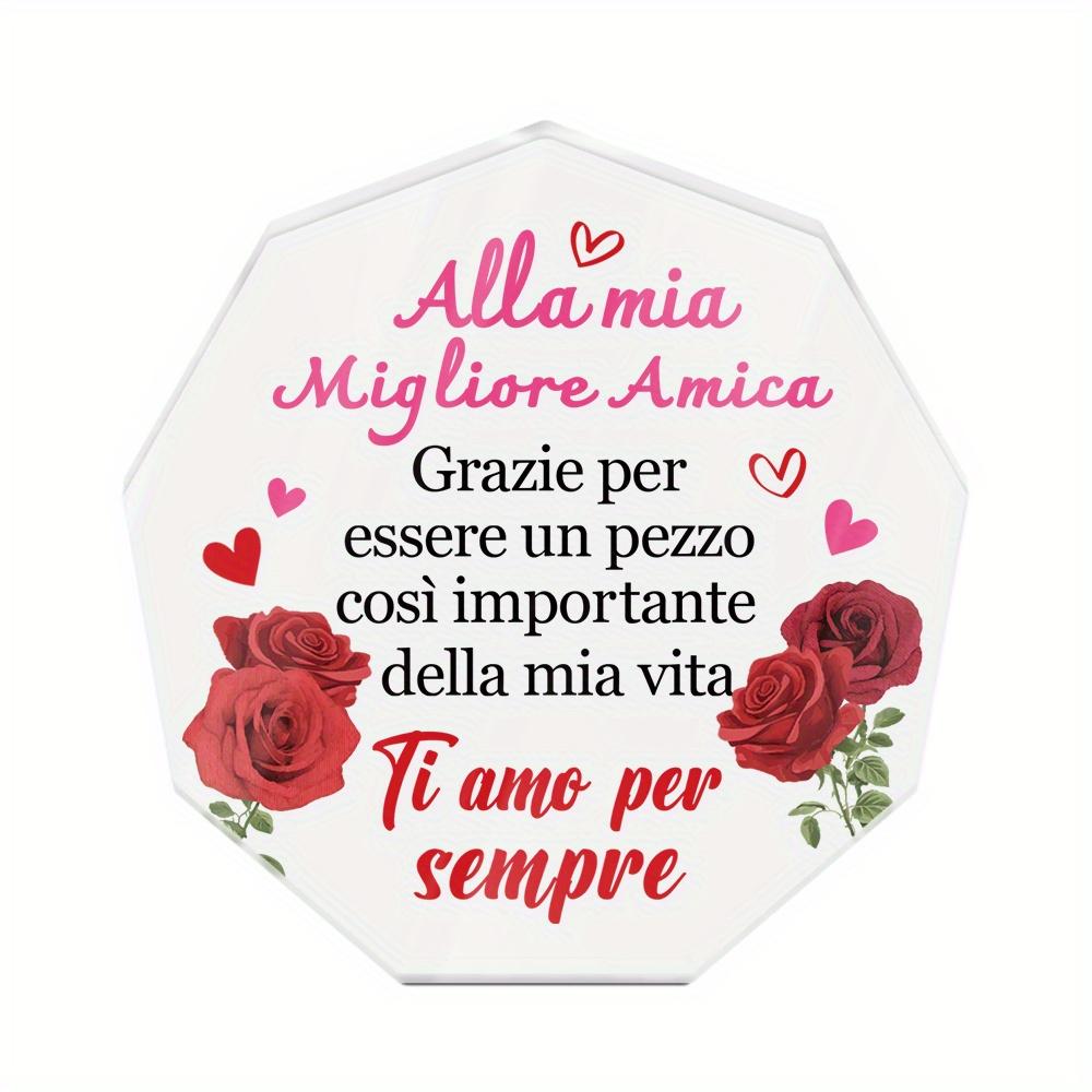 

1pc Italian Acrylic Sign with Wooden Base - Romantic Italian Quote, Red Roses & Hearts Design, Perfect for Home, Farmhouse, Living Room Decor 10*10cm