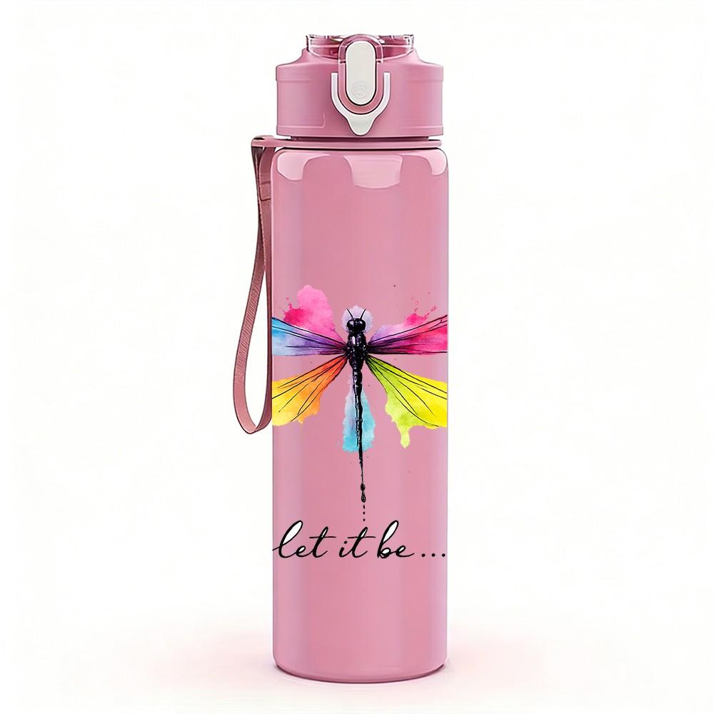 1PC Colorful Dragonfly Minimal Line Print 750ml Color Plastic Sports Water Bottle Leakproof Flip Straw Lid Suitable for Sports Office Home Use