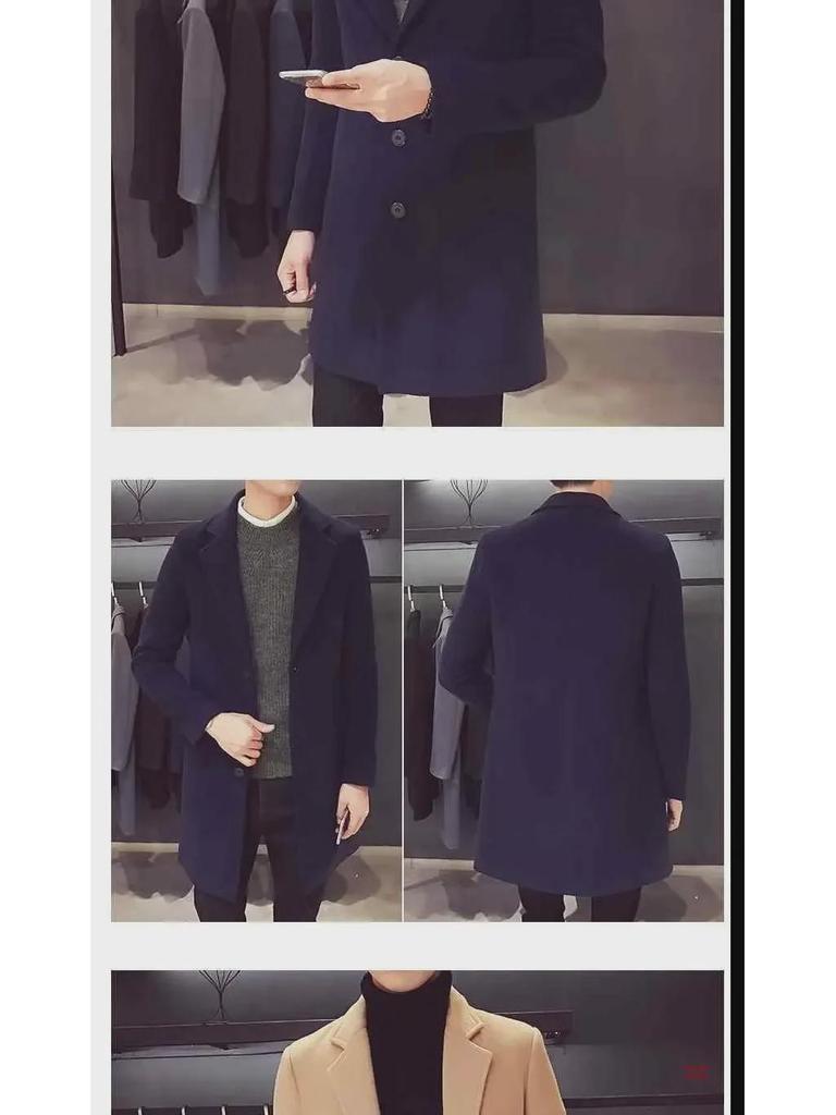 Red Woolen Men's Mid-Length Korean Style Slim Windbreaker Coat