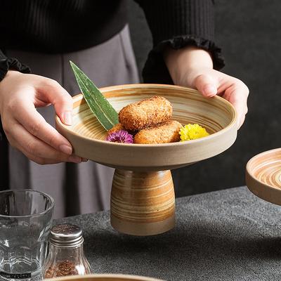 Japanese Retro Stoneware High Foot Dessert Plate Zen Tea Snack Fruit Dish Home Use