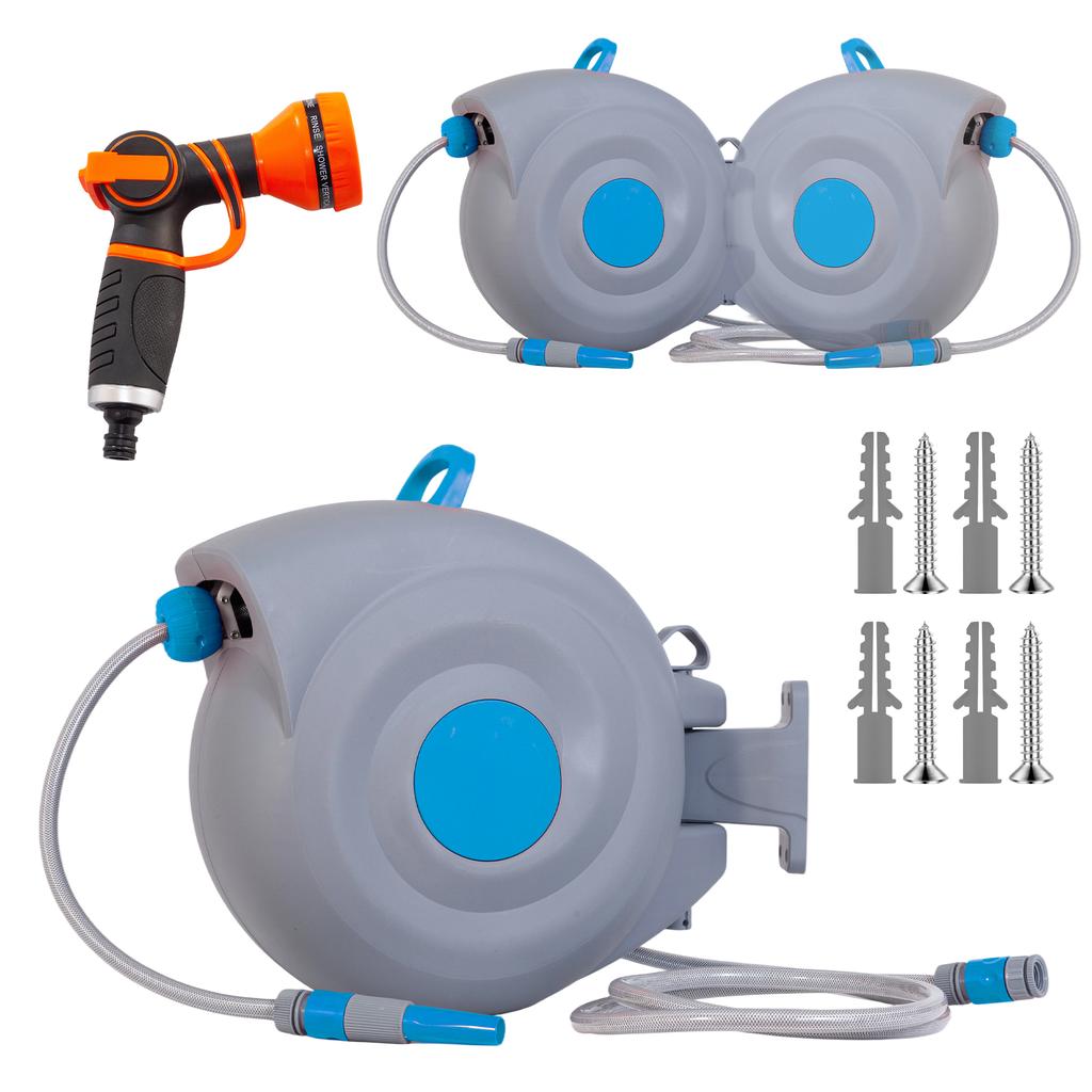 30m Automatic Garden Hose Reel Wall-Mounted, 9-Way Spray Gun, UV-Resistant, Frost-Resistant, 180° Swiveling – incl. Wall Bracket & Mounting Material