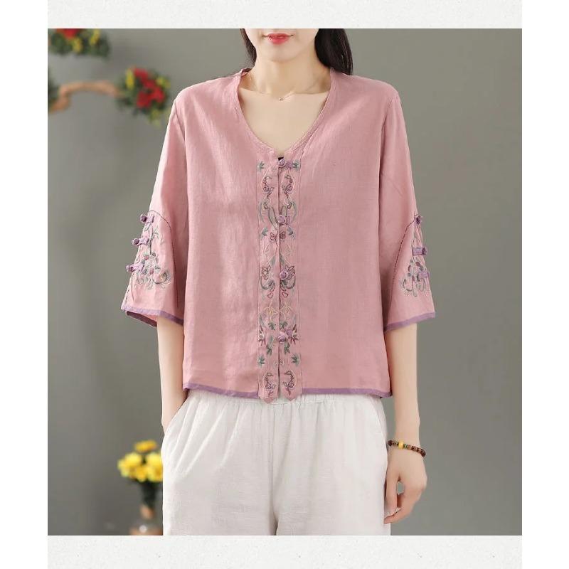 Summer Women's Clothing Shirts Blouse Blusa Mujer Vintage Casual Camisas Women Blouses Linen V Neck Embroidery