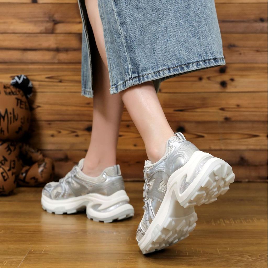 2025 Summer Thin Silver Thick-soled Heightening Dad Shoes Women's Mesh Breathable Versatile Casual Sports Shoes Ins