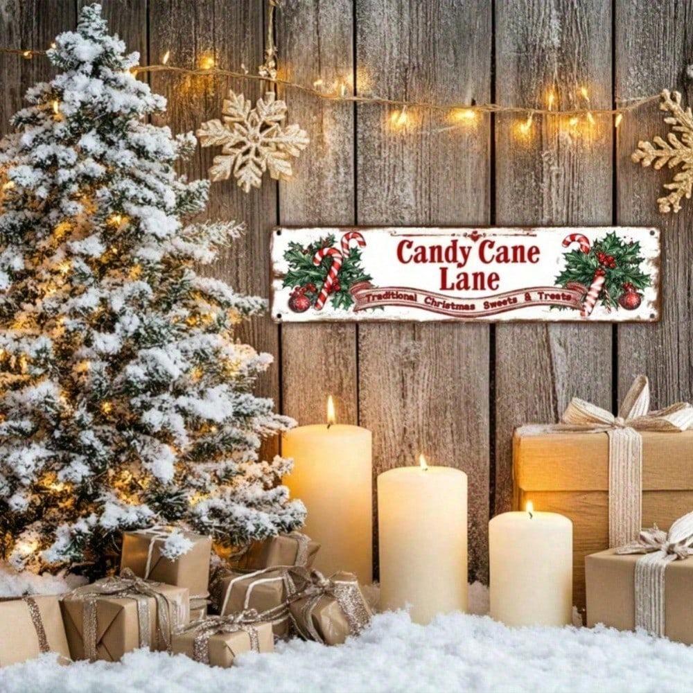 Christmas Candy Cane Alley Metal Sign 10x40cm Vintage Tin Wall Decor, Pre-Drilled Holes Waterproof Indoor Outdoor Art