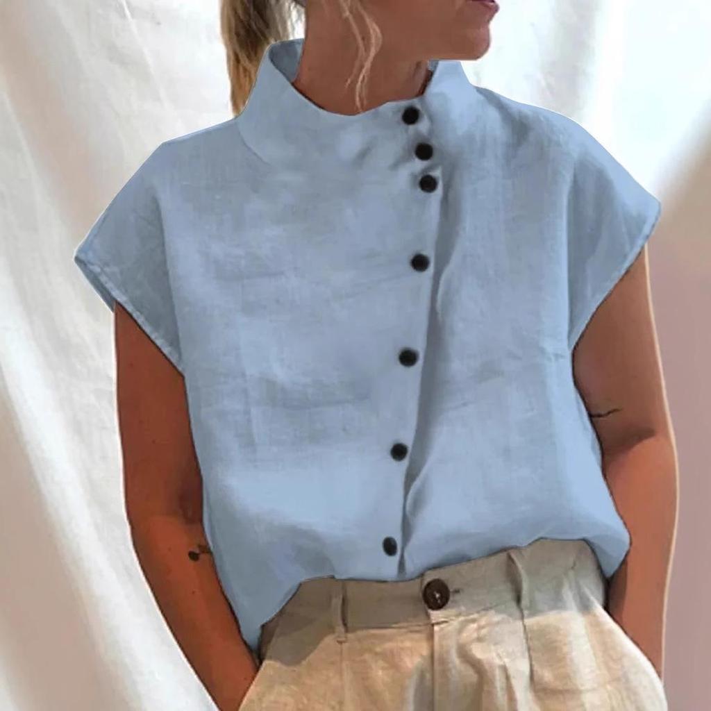 New Trendy Stand Collar Women's Short-Sleeve Button-Up Shirt