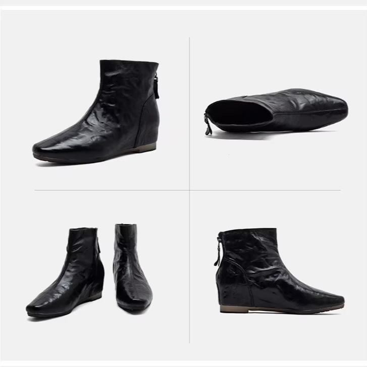 Johnature Genuine Leather Pleated Height-increasing Short Boots Retro Versatile Square Toe Women's Shoes