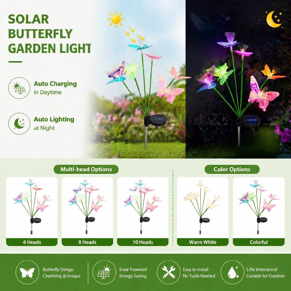 2PCs Colorful Multi-Head Solar Butterfly Stake Lights 2 Modes Waterproof Outdoor Garden Pathway Landscape Decor Lamp