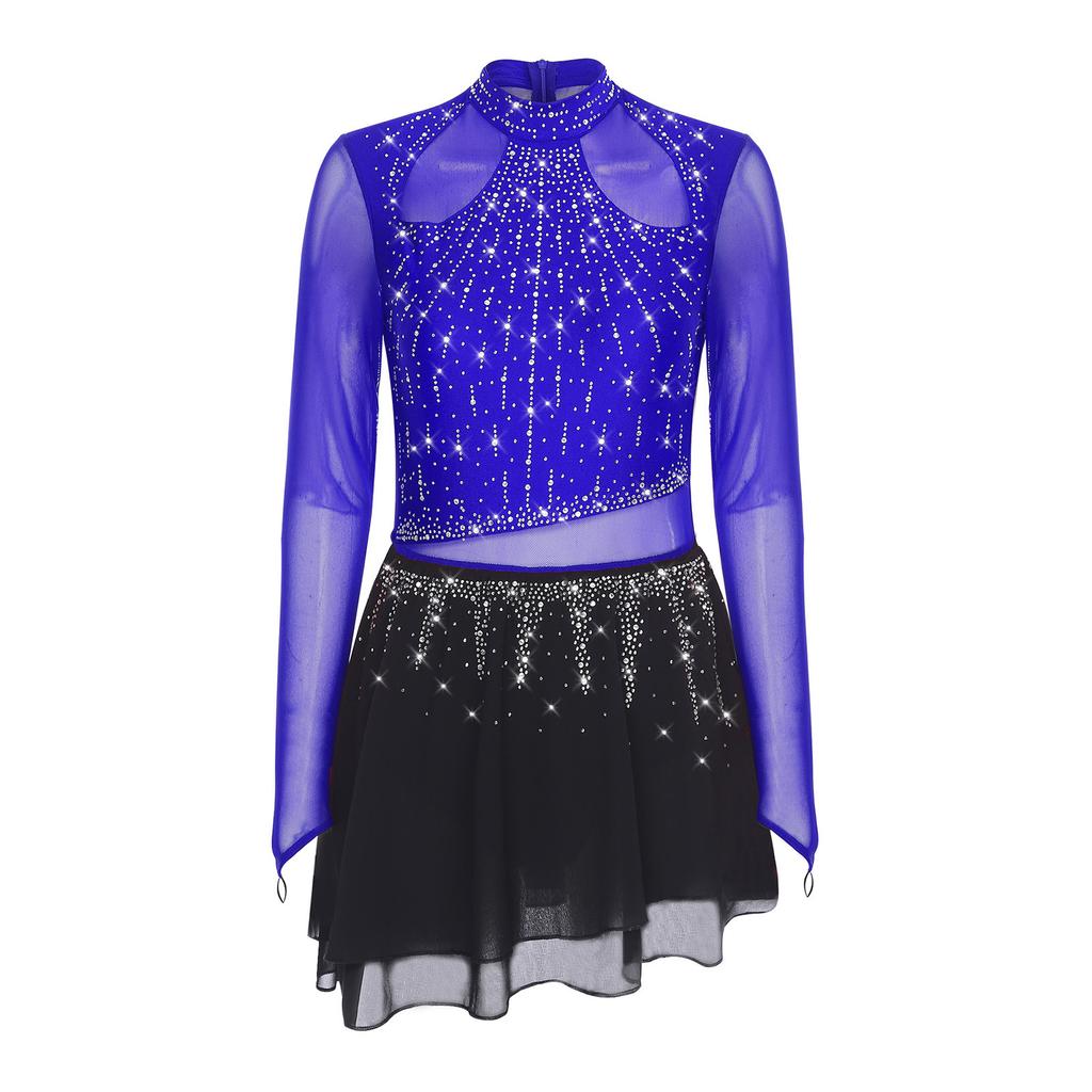 Damen Lyrisches Tanzleotards Kleid Strass Langarm Chiffonrock Body Eiskunstlauf Modernes Kostüm