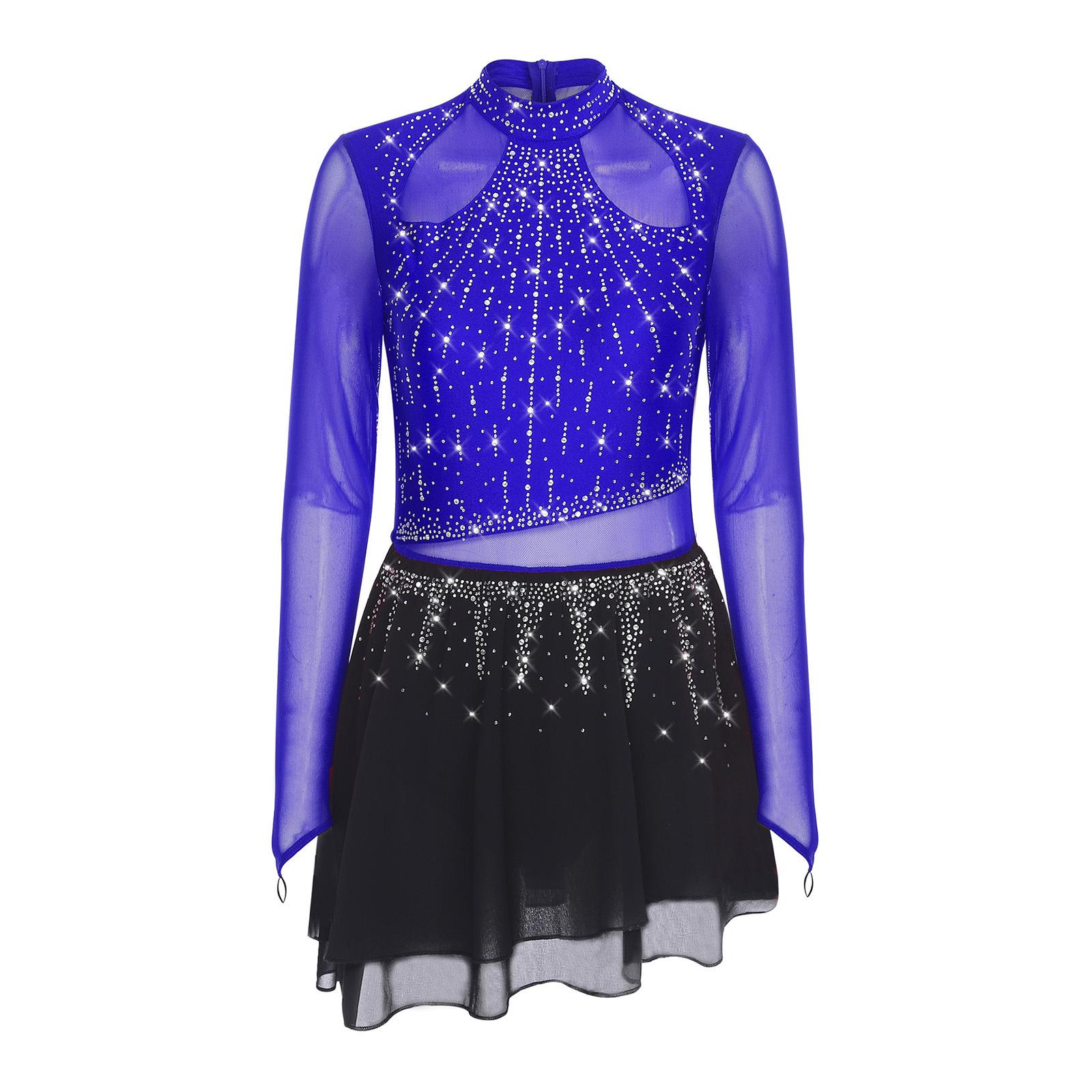 

Жіночий ліричний танцювальний купальник-сукня зі стразами, з довгим рукавом, шифоновою спідницею, боді, костюм для фігурного катання, сучасний костюм S королівський синій колір