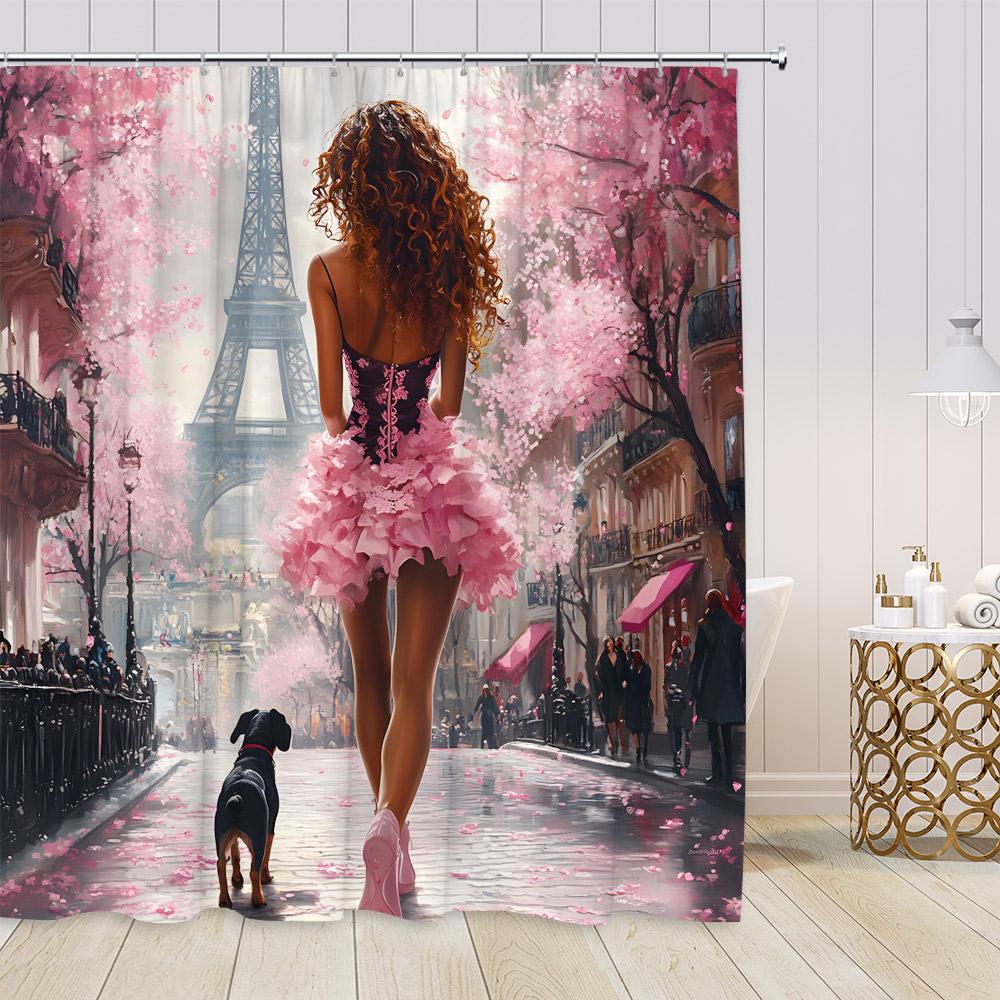 Pink Perfume Shower Curtains Cosmetics High Heels Flowers Black White Stripes Bathroom Decor Girl Fashion Vintage Bath Curtain