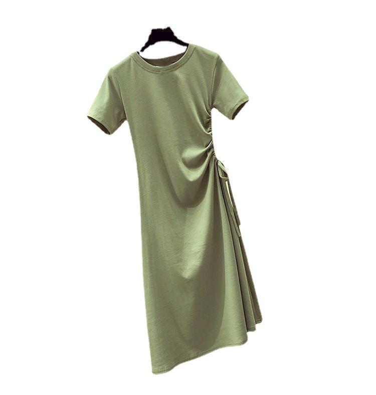 Avocado Green Summer 2021 Waist-Slimming Korean Style Drawstring T-shirt Dress for Women