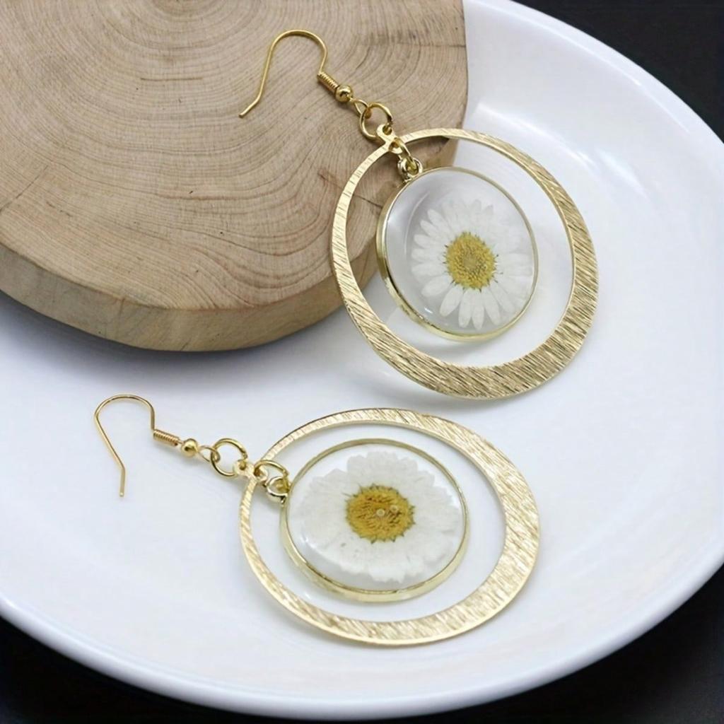 1pair Bohemian Style Dried Flower Circle Pendant Earrings, Sunflower Earrings for Women, Daily Casual Fashion Accessories, Valentine's Day Gift