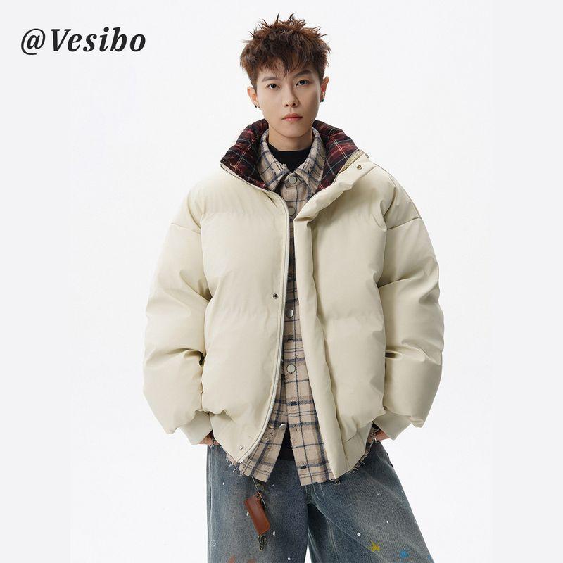 

Brand Stand-Up Collar Pu Leather Cotton Jacket for Men, Winter High Street Thickened Warm Couple s Cotton Coat, Vintage Silhouette Short Puffer Jacket Apricot Plaid Collar 3XL