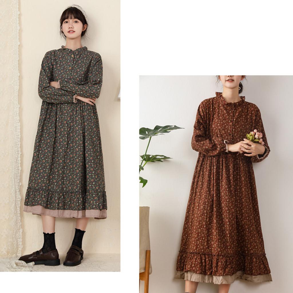 Women's Fashion Cotton Linen Long Sleeve Splicing Loose Large Size Floral Dresses