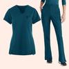 Women's Loose And Comfortable V-neck Short Sleeved Workwear With Tie Up Top And Waist Cinching Beauty Suit Set