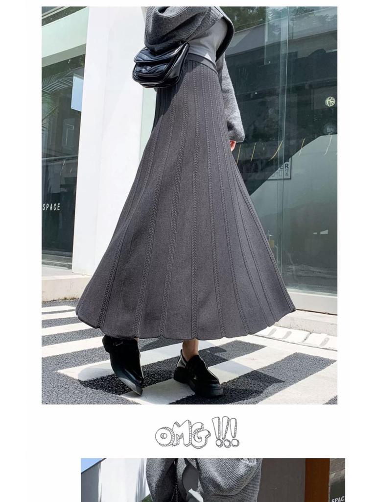 Women's Black High-Waist A-Line Woolen Skirt - Ribbed, Thickened, Autumn/Winter Casual Skirt