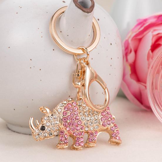 Keychain Pendant 3D Cartoon Rhinoceros Design Sparkling Rhinestones Inlaid Key Chain with Lobster Clasp Key Ring Bags Accessories