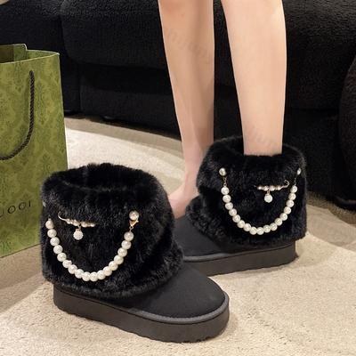 Mode Femmes Bottes de Neige 2025 Hiver Peluche Chaud Antidérapant Confortable Bottines Pelucheux Bout Rond Plateforme Chaîne de Perles Bottes en Coton