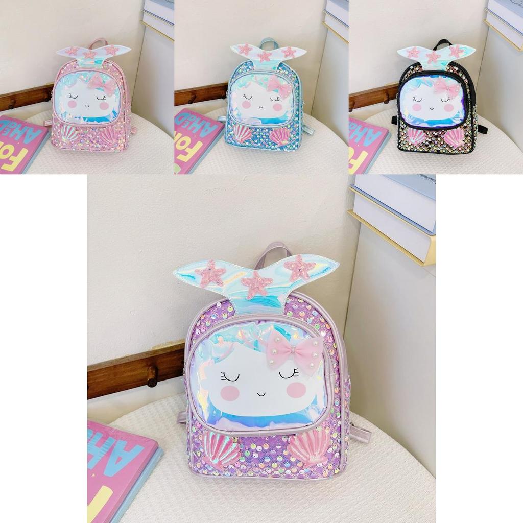 Children Girls Backpack With Shiny Shell Mermaid Tail For Kindergarten School Use