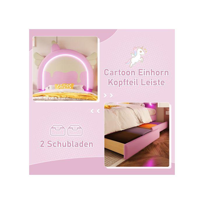 Unicorn Child Bed - 90 X 200 Cm - with Light Bar - 2 Drawers - Pink PU
