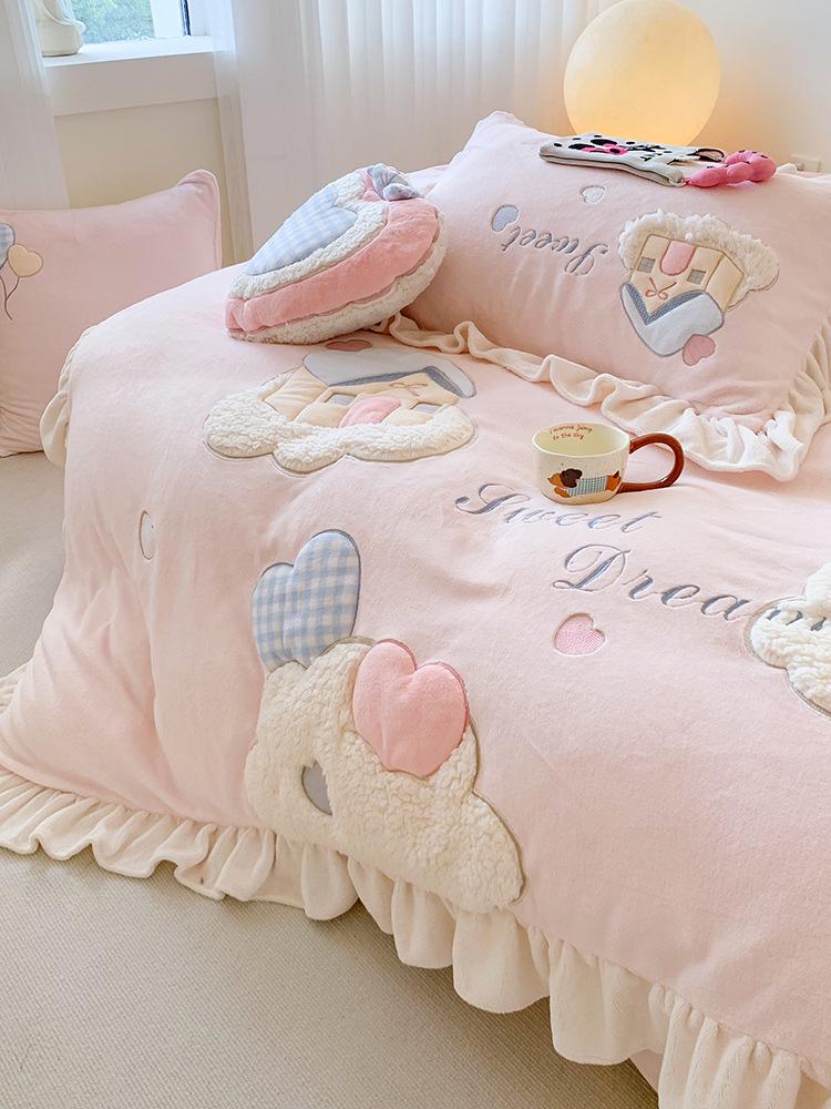 Winter Cartoon Princess Milk Velvet Bedding Set - Coral Fleece, Warm, Four-Piece for Girls