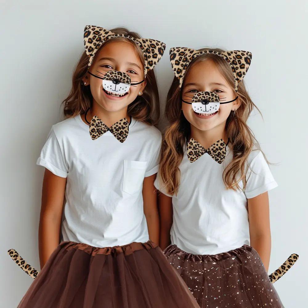 Set Maschera di Halloween per Bambini con Fascia Testa Testa di Leopardo e Orecchie da Gatto con Adesivi per il Viso