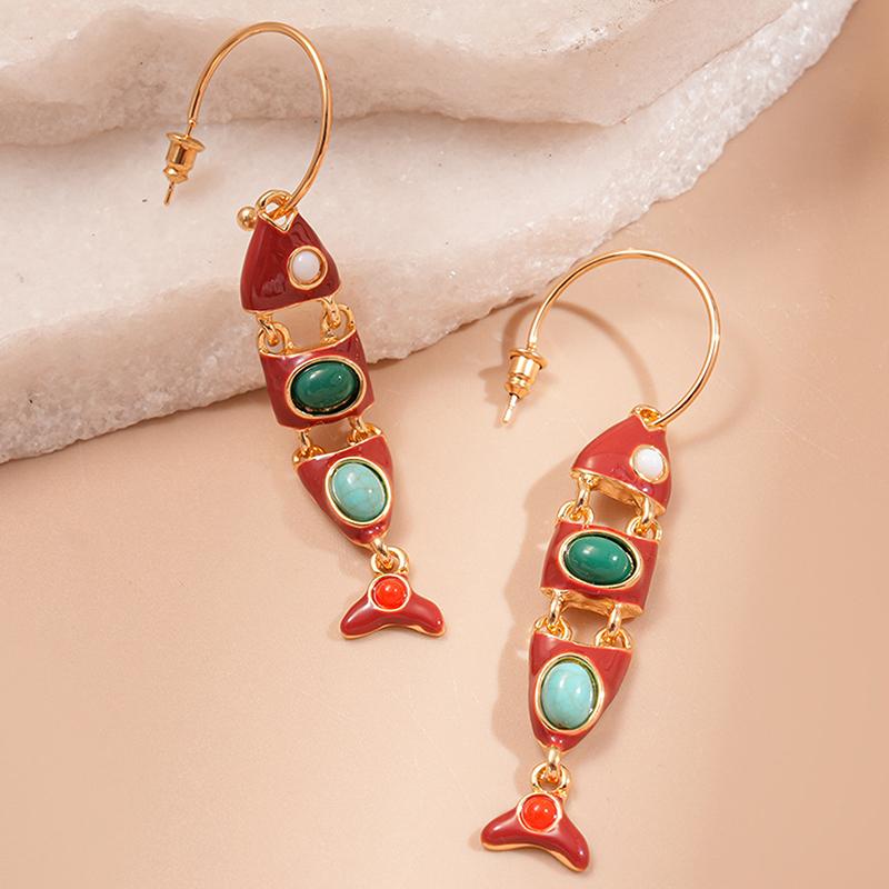 Ethnic Red Enamel Fish Tassel C Shaped Long Hoop Earrings For Women Alloy Casual Party Jewelry Gift