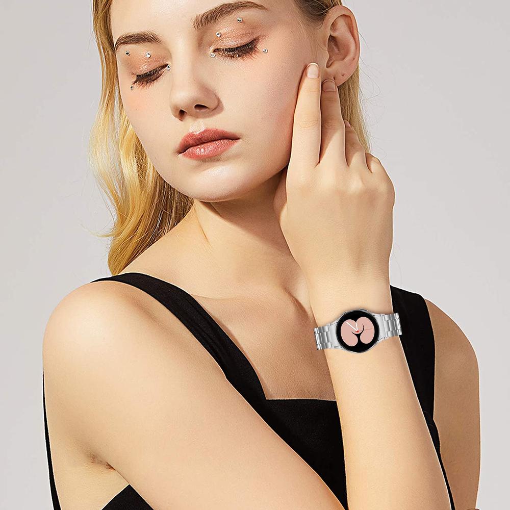 For Samsung Galaxy Watch7 44mm/40mm Stainless Steel Band 3-Bead Smart Watch Strap with Connector,Silver