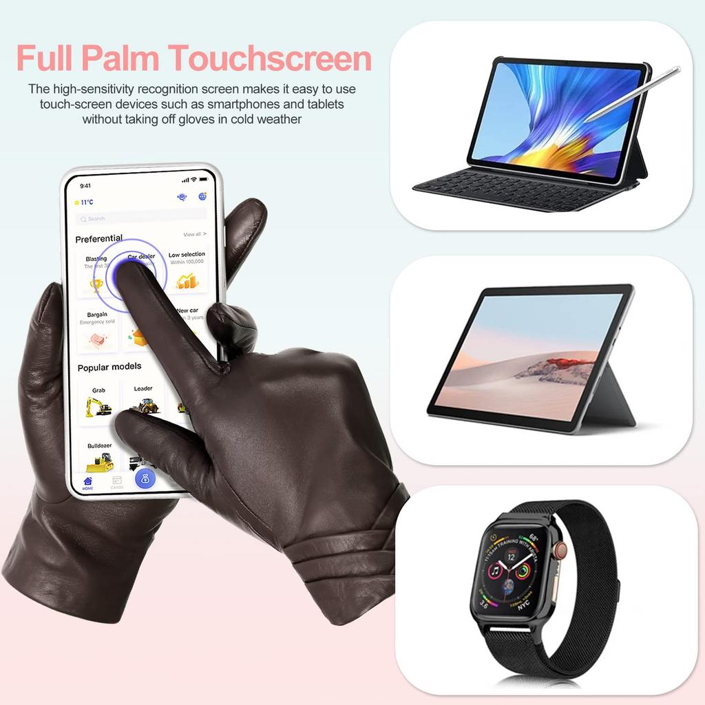 GSG Leather Smartphone Perfect for Size 13150 Women's Gloves, Compatible, Touchscreen, Driving, Winter, Warm, Motorcycles, Brown, L/8,