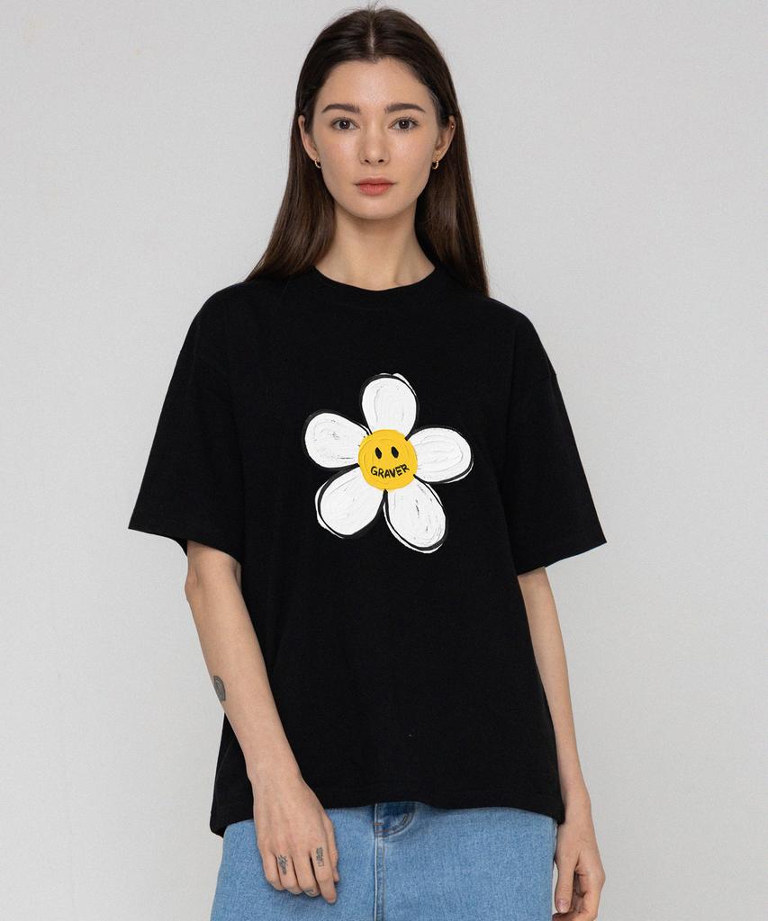 GRAVER [Unisex] Painting Big Flower Dot Short Sleeve T-Shirt_Black