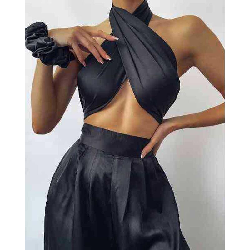 

Women Casual Suit 2022 European and American Solid Tube Top Wide Leg Pants Set Black XL