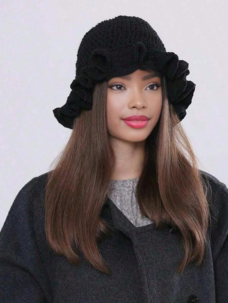 1pc Solid Color Hand-Knitted Crochet Cap, Bohemian Style Pleated Floppy Hat With Ruched Brim