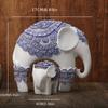 Blue and White Trunk-Up Elephant Sculpture -Prosperity and Good Luck Charm, Ldeal Home Décor & Universal Gift
