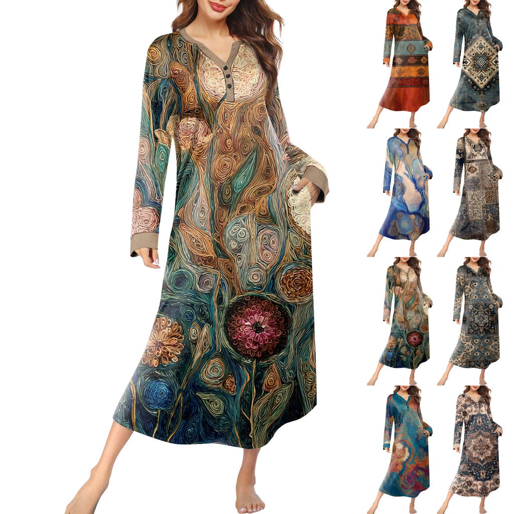 Women's Nightgown Long Loungewear V-neck Nightdress With Pockets