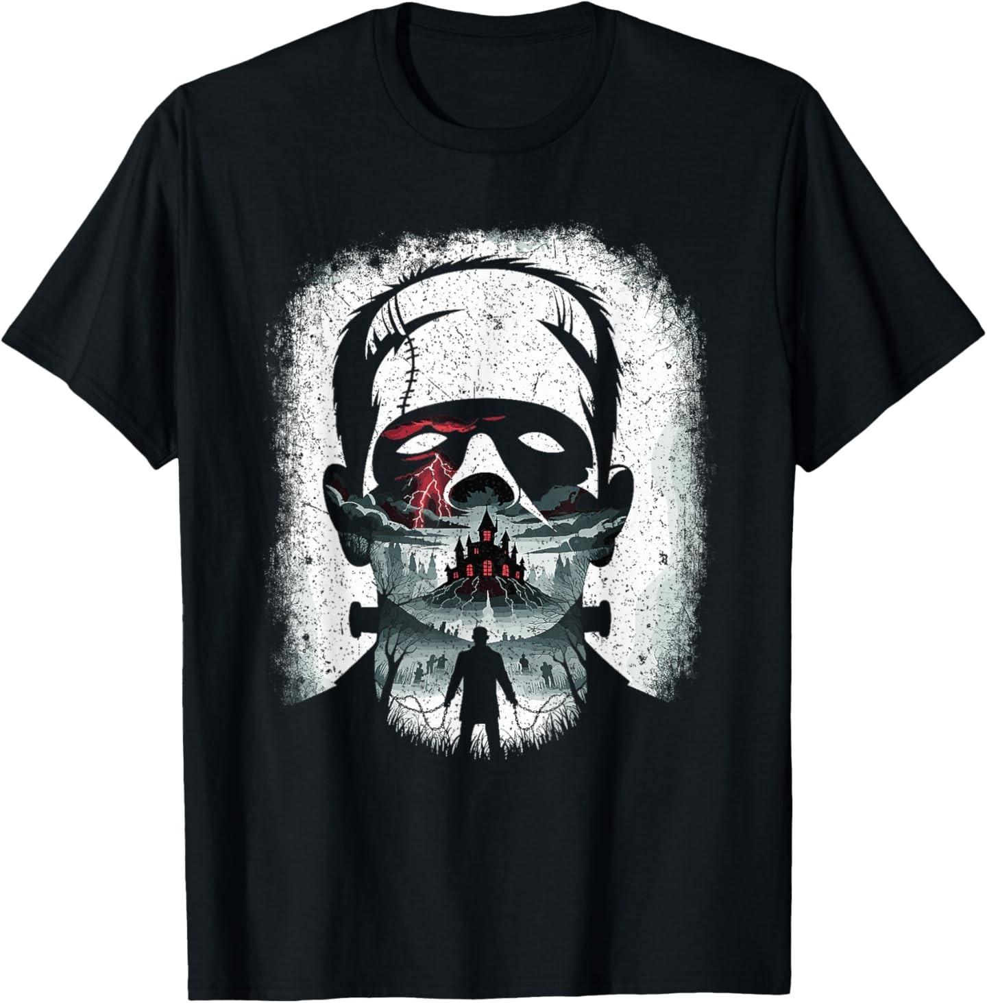 Frankenstein Monster Lightning Castle Horror Halloween T-Shirt XXL
