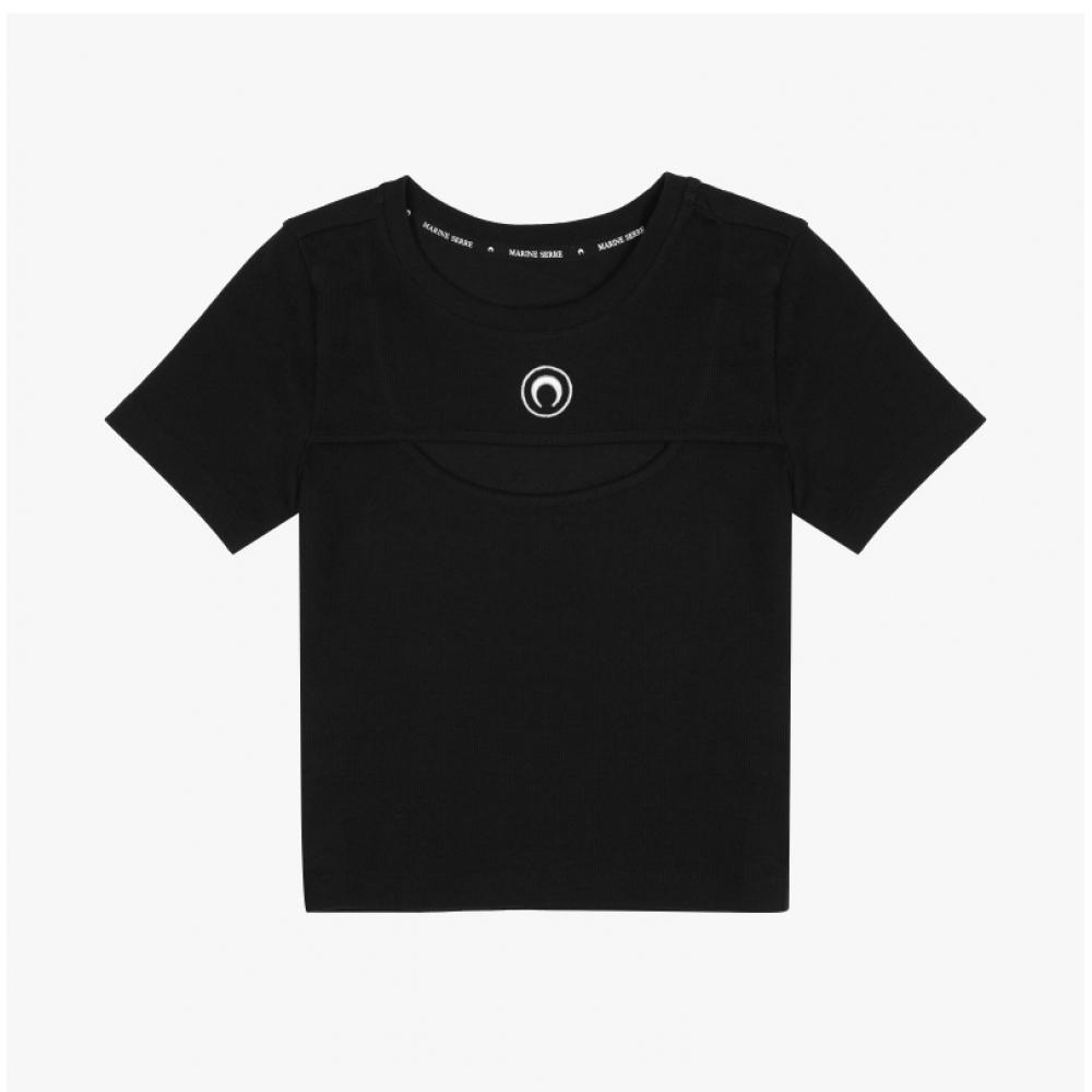Marincer Wtt023a Cjer0011 Bk99 Moon Logo Embroidery Cutout Women S Short Sleeve Tee