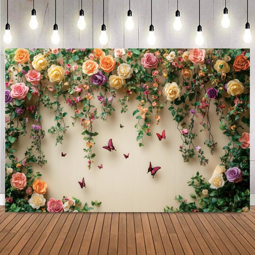 Pink Rose Vine Photography Background Romantically Decorative White Fence with Butterfly for Wedding Baby Shower Birthday Party7